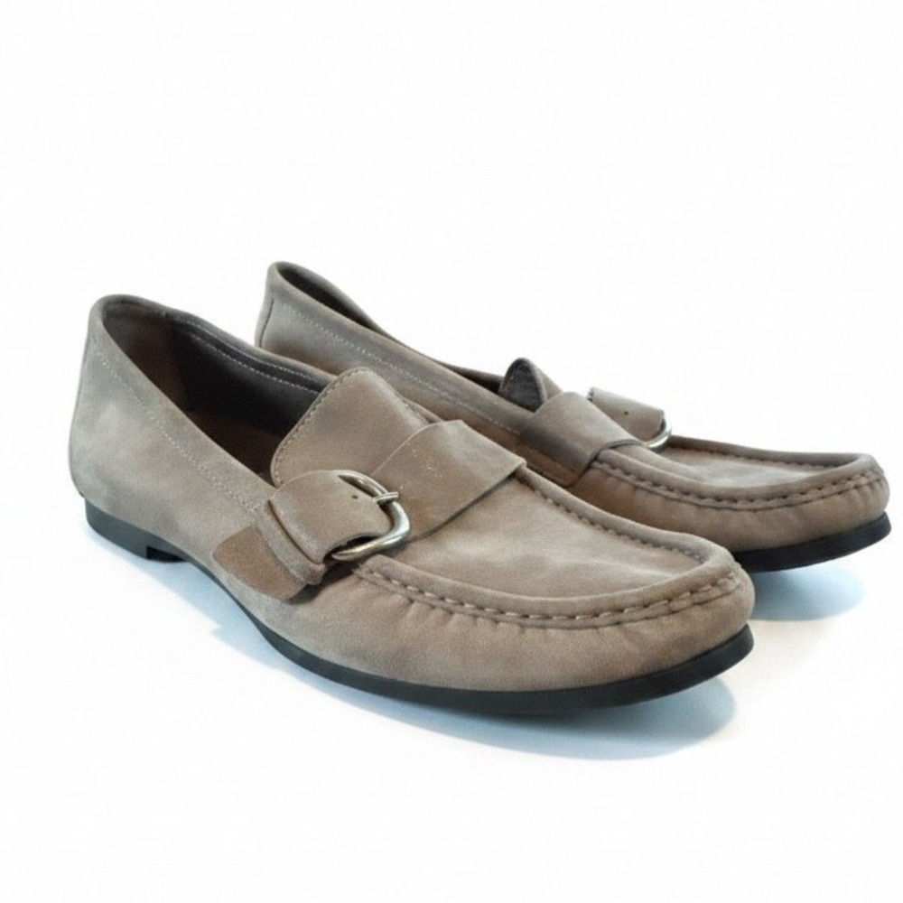 AGL Suede Buckle Loafers 10 Taupe Italian Leather Moc Toe Quiet Luxury